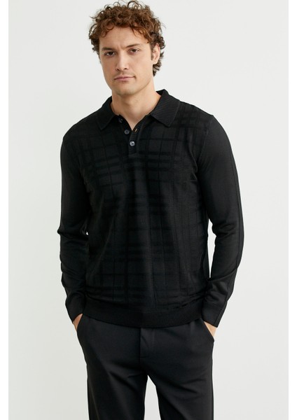 Polo Yaka Ekose Motifli Triko Kazak - Siyah modelleri