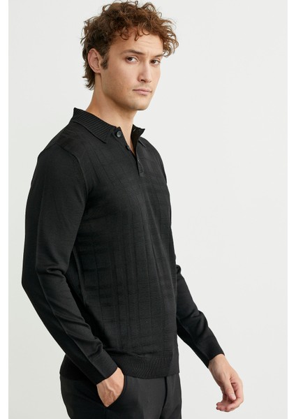 Polo Yaka Ekose Motifli Triko Kazak - Siyah fırsatları