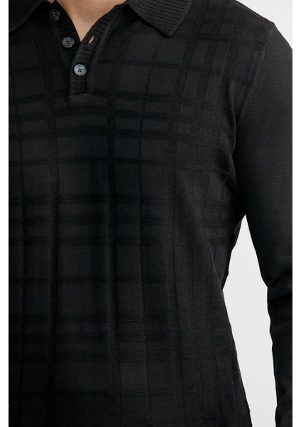 Polo Yaka Ekose Motifli Triko Kazak - Siyah indirimleri