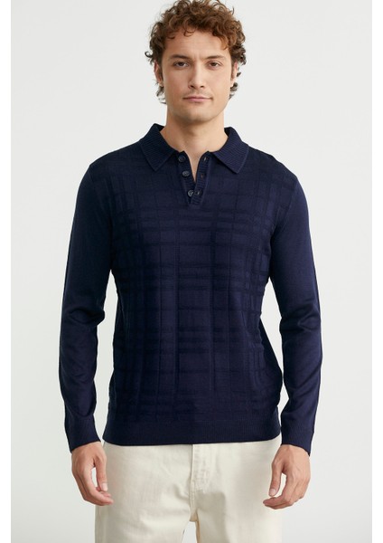 Polo Yaka Ekose Motifli Triko Kazak - Lacivert