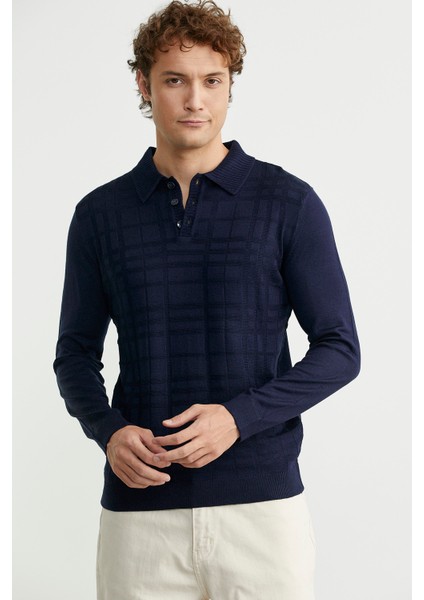 Polo Yaka Ekose Motifli Triko Kazak - Lacivert fiyatları