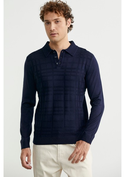 Polo Yaka Ekose Motifli Triko Kazak - Lacivert modelleri