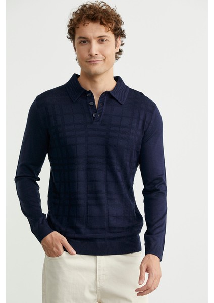 Polo Yaka Ekose Motifli Triko Kazak - Lacivert fırsatları