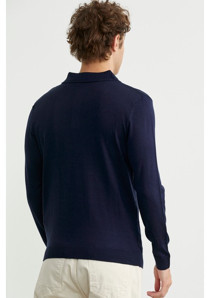 Polo Yaka Ekose Motifli Triko Kazak - Lacivert indirimleri