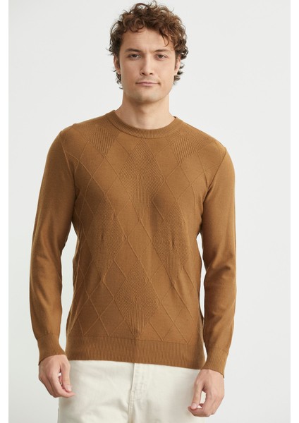 Baklava Motif Detaylı Triko Kazak - Kamel