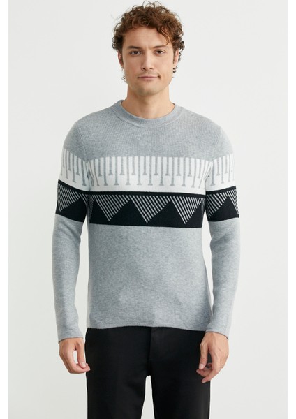 Çift Renk Motifli Triko Kazak - Gri