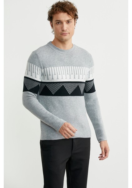 Çift Renk Motifli Triko Kazak - Gri fiyatları