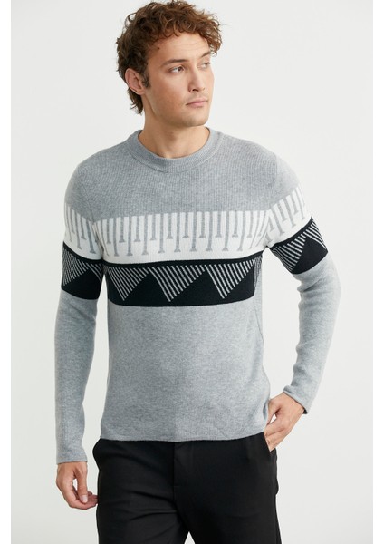 Çift Renk Motifli Triko Kazak - Gri modelleri