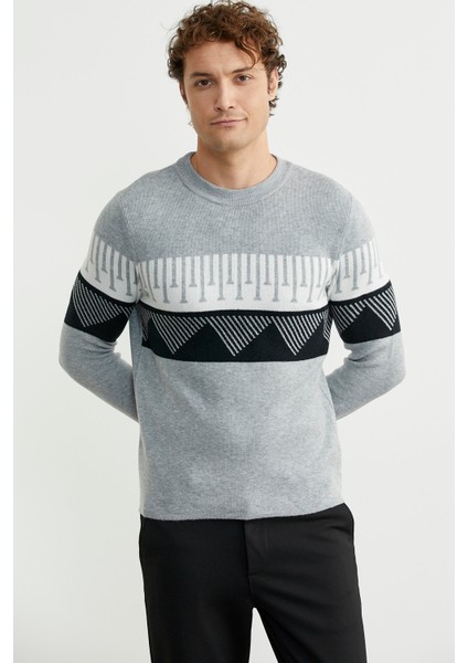 Çift Renk Motifli Triko Kazak - Gri fırsatları