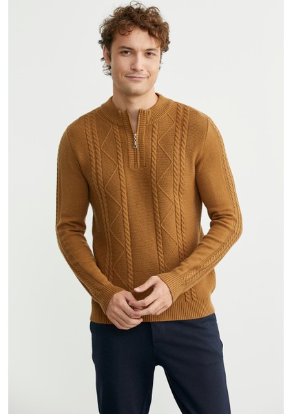 Yarım Fermuarlı Dik Yaka Triko Kazak - Kamel