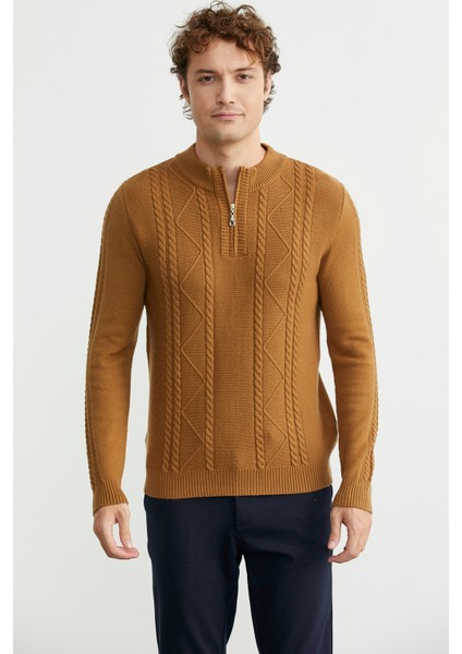 Yarım Fermuarlı Dik Yaka Triko Kazak - Kamel fiyatları