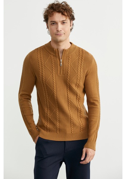 Yarım Fermuarlı Dik Yaka Triko Kazak - Kamel modelleri