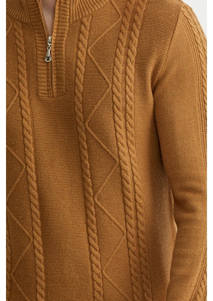 Yarım Fermuarlı Dik Yaka Triko Kazak - Kamel fırsatları