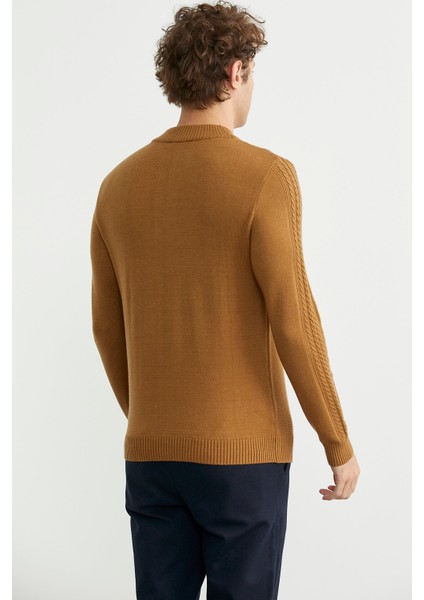 Yarım Fermuarlı Dik Yaka Triko Kazak - Kamel indirimleri