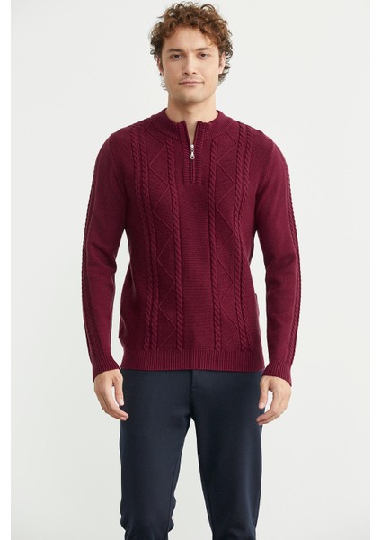 Yarım Fermuarlı Dik Yaka Triko Kazak - Bordo fiyatları