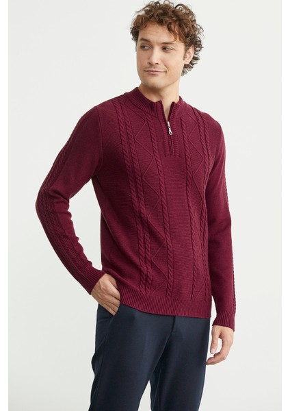 Yarım Fermuarlı Dik Yaka Triko Kazak - Bordo modelleri
