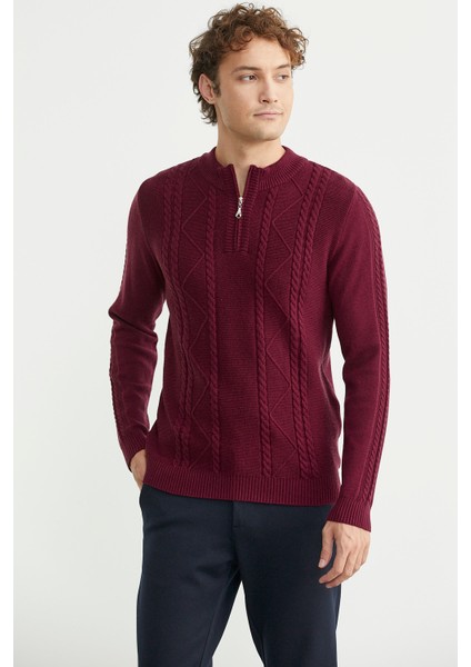 Yarım Fermuarlı Dik Yaka Triko Kazak - Bordo fırsatları