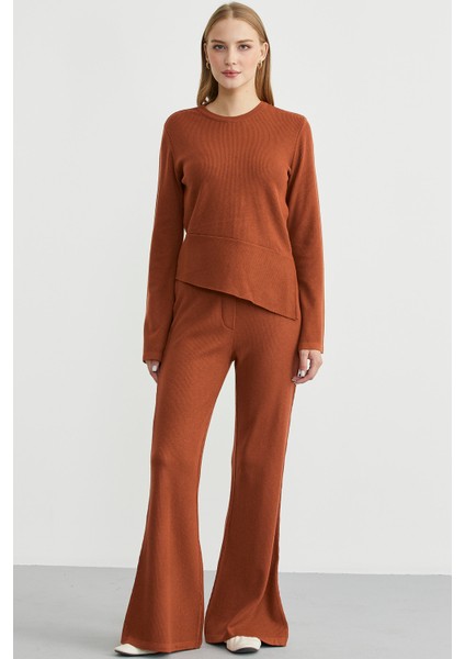 Ikili Pantolon Kazak Triko Takım - Kiremit