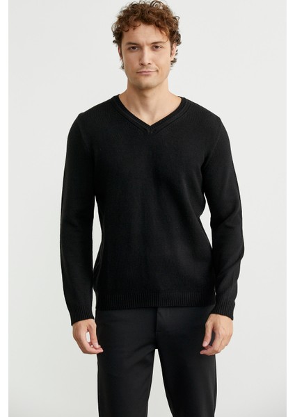 V Yaka Basic Triko Kazak - Siyah