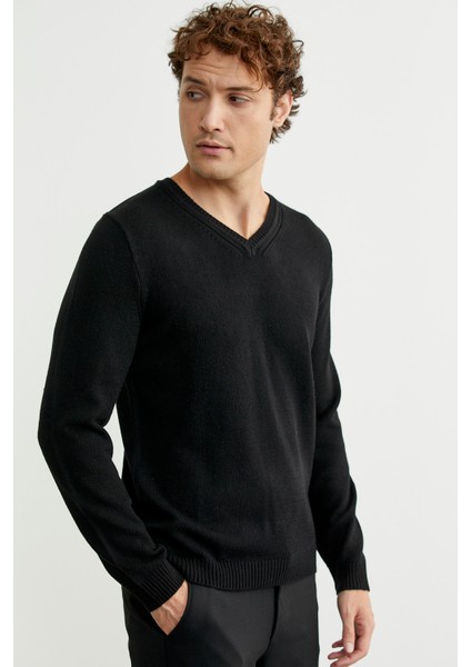 V Yaka Basic Triko Kazak - Siyah fiyatları