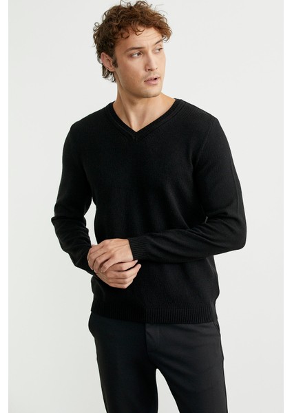 V Yaka Basic Triko Kazak - Siyah modelleri