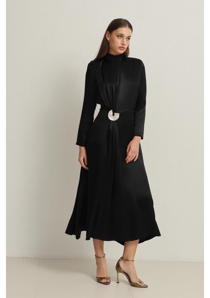 Siyah Belden Toka Detaylı Uzun Kollu Balıkçı Yaka Midi Boy Elbise modelleri