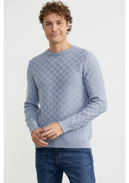 Motifli Sıfır Yaka Triko Kazak - Mavi