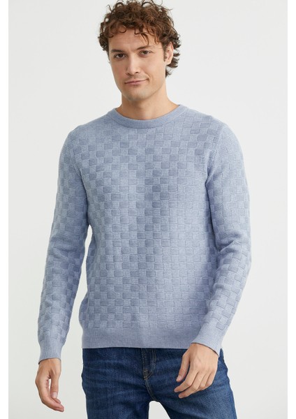 Motifli Sıfır Yaka Triko Kazak - Mavi fiyatları