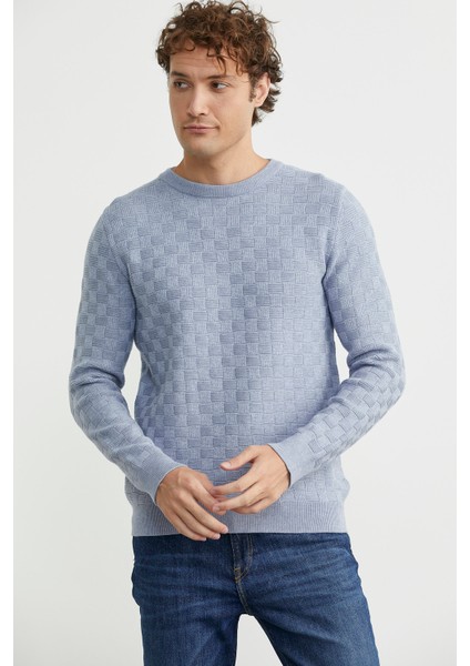 Motifli Sıfır Yaka Triko Kazak - Mavi modelleri