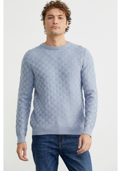 Motifli Sıfır Yaka Triko Kazak - Mavi fırsatları