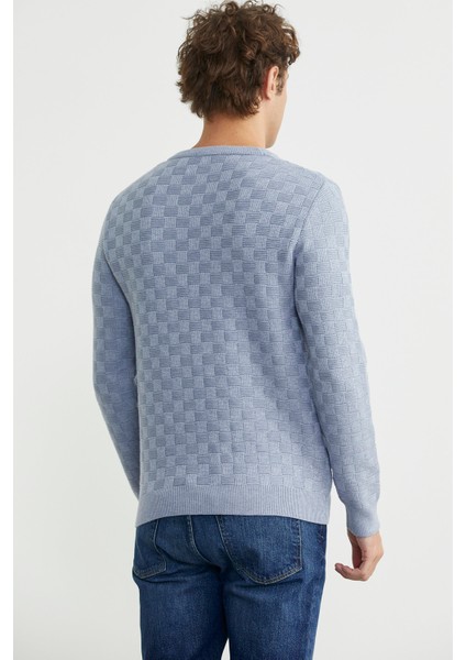 Motifli Sıfır Yaka Triko Kazak - Mavi indirimleri