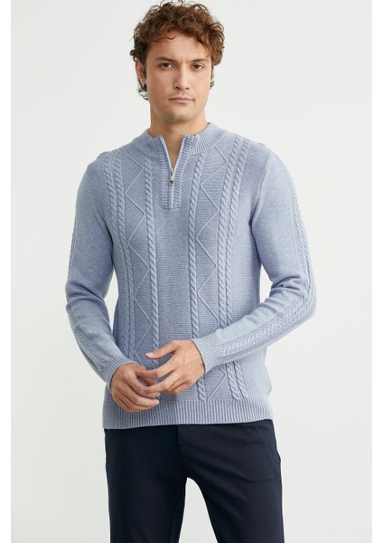 Yarım Fermuarlı Dik Yaka Triko Kazak - Mavi