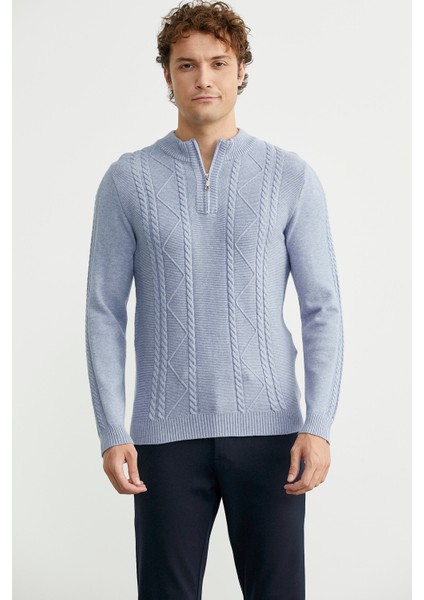 Yarım Fermuarlı Dik Yaka Triko Kazak - Mavi fiyatları