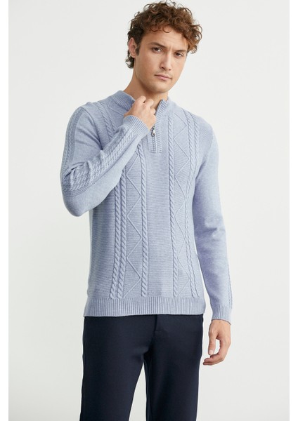 Yarım Fermuarlı Dik Yaka Triko Kazak - Mavi modelleri