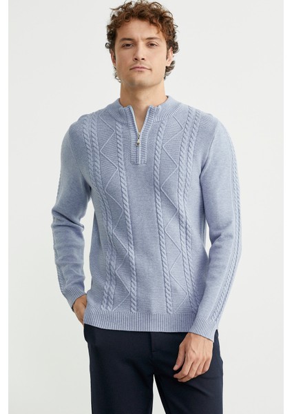 Yarım Fermuarlı Dik Yaka Triko Kazak - Mavi fırsatları