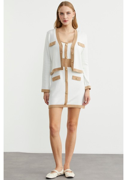 Blok Geçişli Elbise Hırka Triko Takım - Kamel