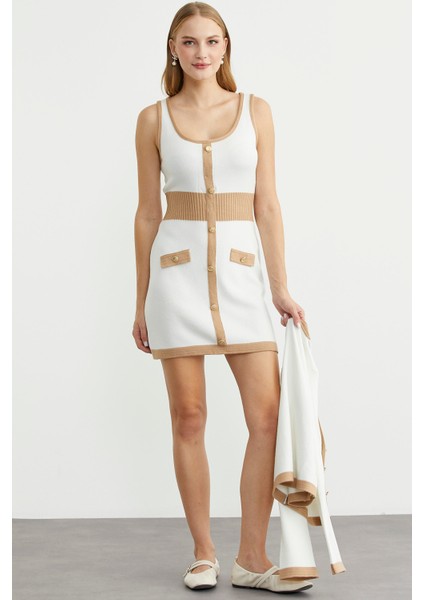 Blok Geçişli Elbise Hırka Triko Takım - Kamel fiyatları