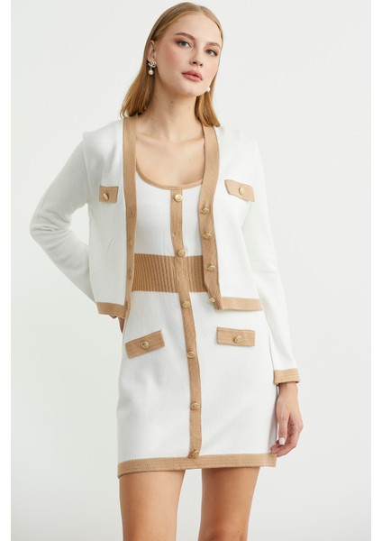 Blok Geçişli Elbise Hırka Triko Takım - Kamel modelleri