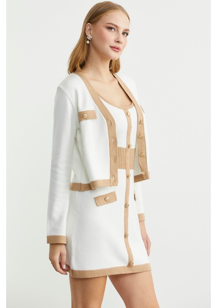 Blok Geçişli Elbise Hırka Triko Takım - Kamel fırsatları