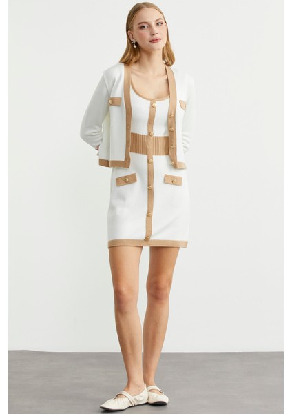 Blok Geçişli Elbise Hırka Triko Takım - Kamel indirimleri