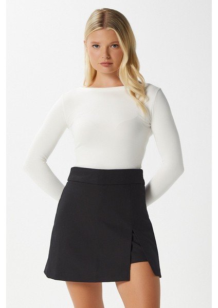 Kadın Luke Tok Dokulu Yan Yırtmaçlı Siyah Şort Etek