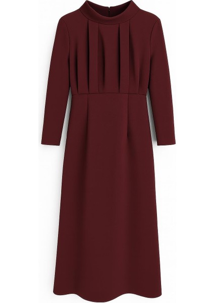 Bordo Yakada Drape Detaylı Belden Oturtmalı Tam Kalıp Uzun Kollu Elbise