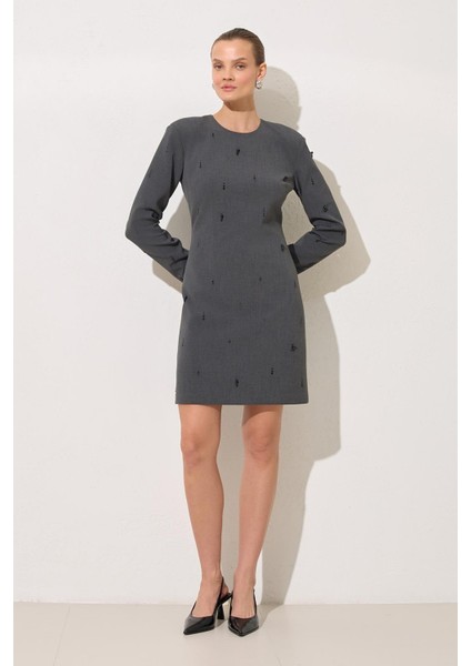 Antrasit Inci Detaylı Uzun Kollu Kısa Elbise
