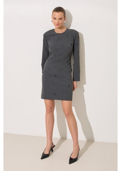 Antrasit Inci Detaylı Uzun Kollu Kısa Elbise fiyatları