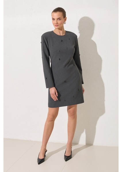 Antrasit Inci Detaylı Uzun Kollu Kısa Elbise modelleri