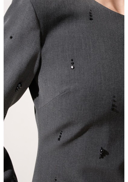 Antrasit Inci Detaylı Uzun Kollu Kısa Elbise fırsatları