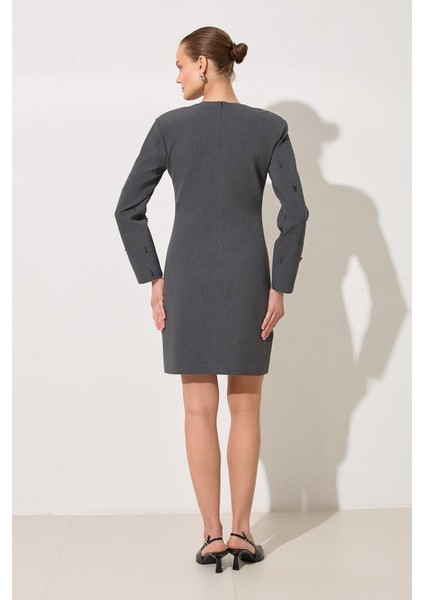 Antrasit Inci Detaylı Uzun Kollu Kısa Elbise indirimleri