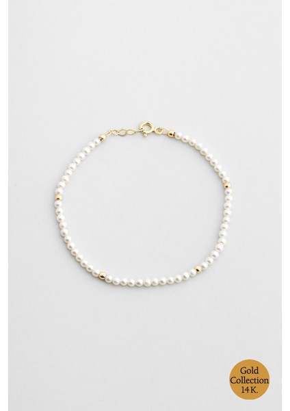 Doğal Inci Taşlı 18 cm 14 Ayar Sarı Altın Bileklik