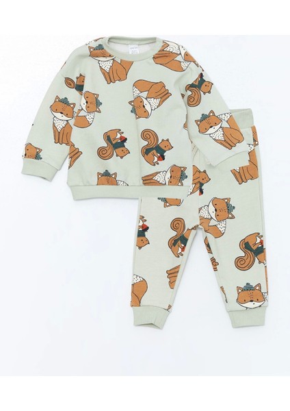 Lcw Baby Yeşil Bisiklet Yaka Uzun Kollu Baskılı Erkek Bebek Sweatshirt ve Pantolon 2'li Takım