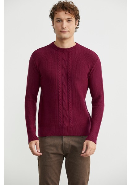 Motif Detaylı Bisiklet Yaka Triko Kazak - Bordo